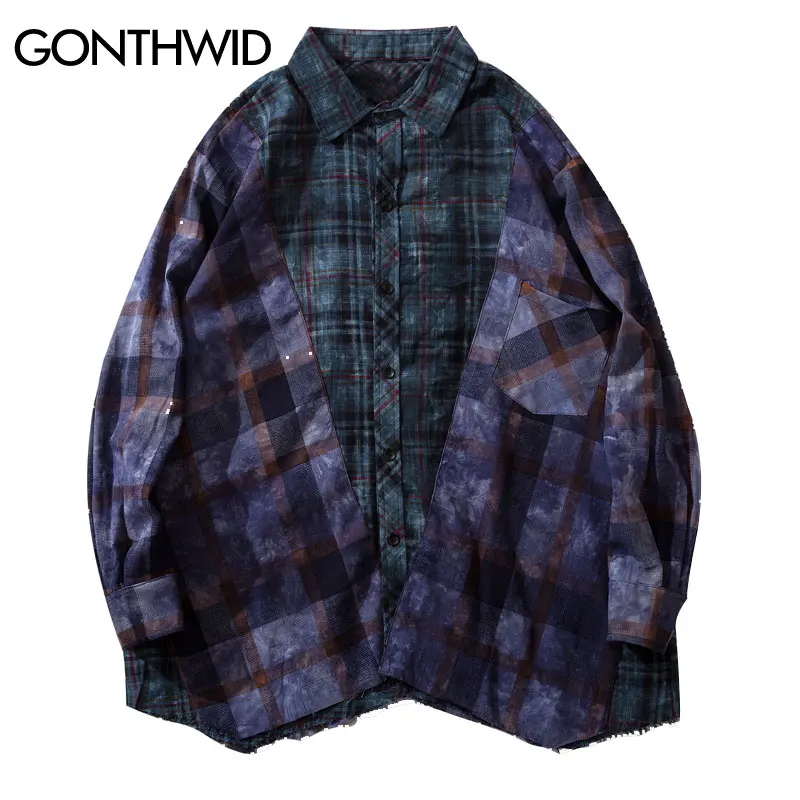 GONTHWID Distressed Tie Dye Цветные Лоскутные рубашки в клетку с длинными рукавами