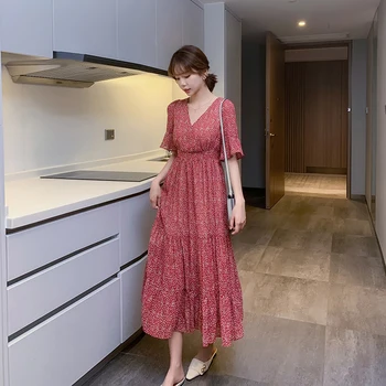 

Film v-neck dress female summer new collect waist show thin temperament chiffon floral skirt teamed