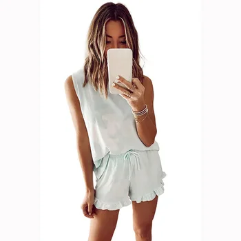 

Summer Womens Tie Dye Printed Sleep Lounge Set Camis Tops And Ruffled Shorts Pajama Sets