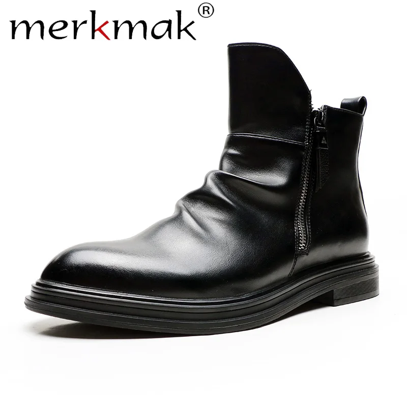 

Merkmak 2019 Autumn Zipper Boots Men Winter Snow Boot Natural Wrinkle Buckle Casual Leather Man Shoe Slip On Soft Ankle Booties