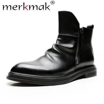 

Merkmak Autumn Zipper Boots Men Winter Snow Boot Natural Wrinkle Buckle Casual Leather Man Shoe Slip On Soft Ankle Booties