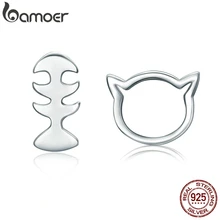 BAMOER,, серьги-гвоздики из натуральной 925 пробы, Серебряный Кот, маленькая кошка и рыбка, для женщин, Brincos, хорошее ювелирное изделие, SCE128