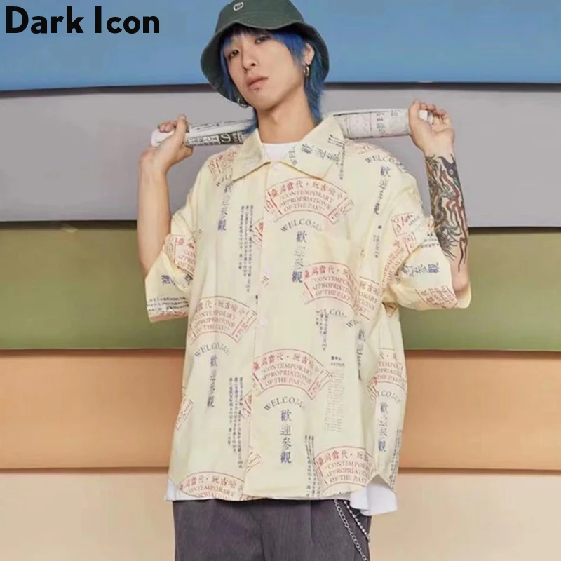 

Dark Icon Full Printed Vintage Shirts for Men Oversized Mens Shirts Short Sleeve New Fashion Men Shirts