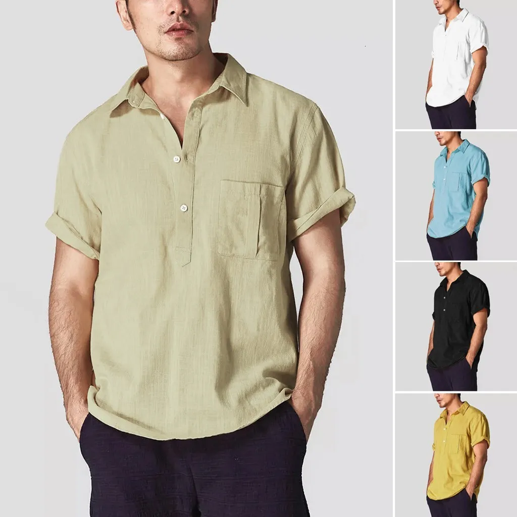 Short Sleeve Shirts Men Streetwear Camisa 2019 Men's Baggy Cotton Linen Solid Color Short Sleeve Retro Shirts Tops Blouse  M-3XL