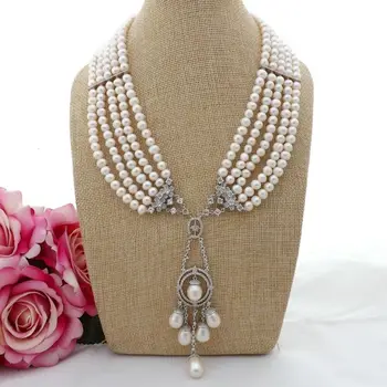 

K082113 18" 5 Strands White Pearl Necklace CZ Pendant