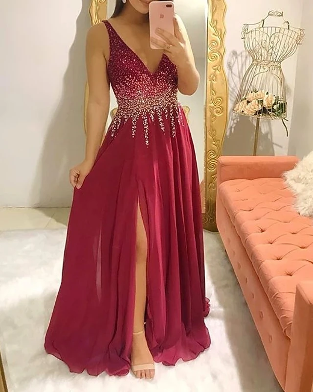 

A-Line Glittering Engagement Formal Evening Dress V Neck Beading Floor Length Chiffon Sequin Split Prom Gowns Abendkleider 2021