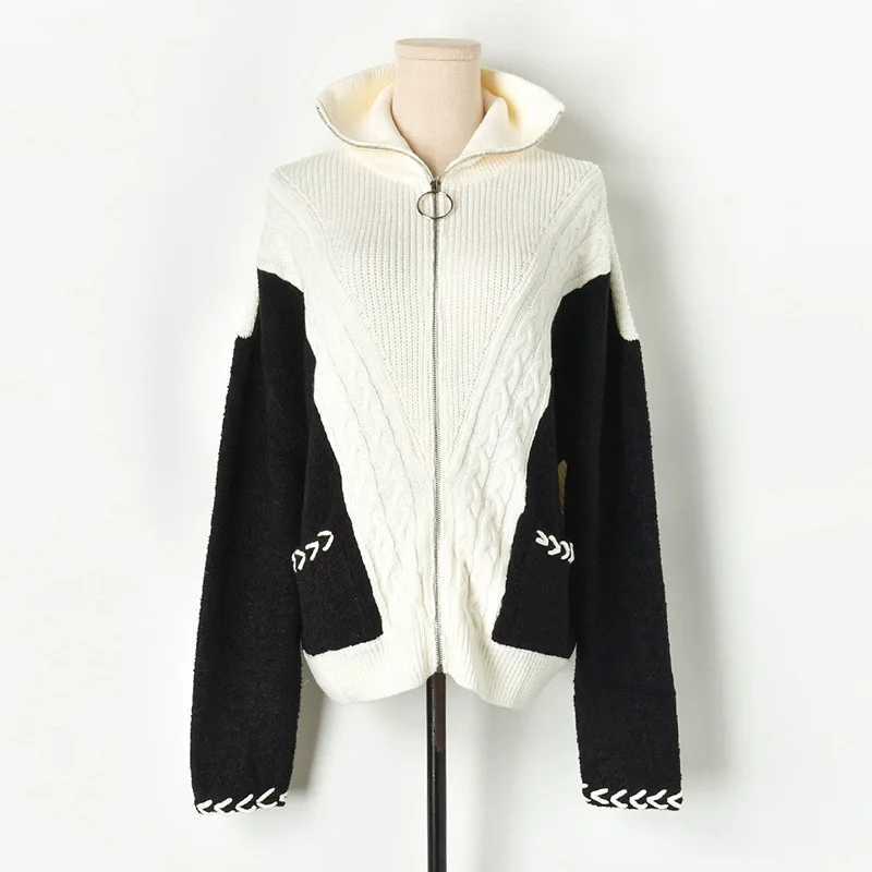 Women Oversized Cardigan 2019 Fall Winter Thick Warm Sweater Coat High Neck White Black Spliced Twised Zipper-up Knit P-229 |