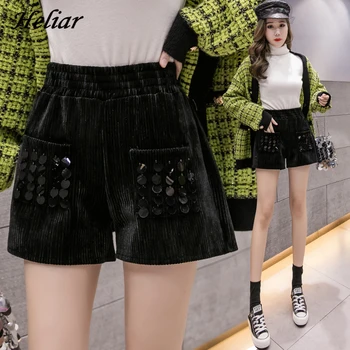 

HELIAR Women Woolen Sequined Shorts Women Black Shinning Short With Pockets Wide Leg 2020 Summer Shorts For Women Shorts