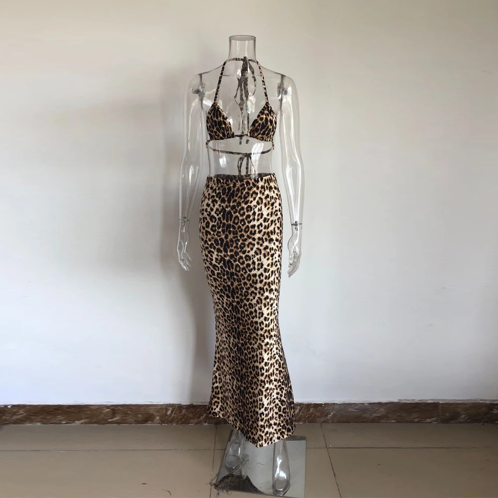 KGFIGU летний женский сексуальный леопардовый костюм из двух частей, топ на бретельках и длинная юбка, комплект с высокой талией, короткий топ, элегантная повседневная женская одежда