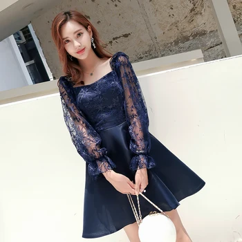 

Navy Blue Pacthwork Evening Prom Gown Women Lantern Sleeve Cheongsam Noble Formal Party Chinese Dress Silm Qipao Vestidos