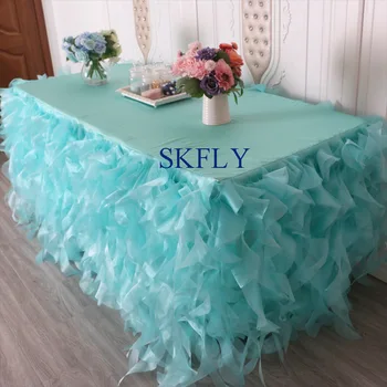 

CL010H wedding elegant 6ft rectangle 30'' wide, 72'' long, 30'' drop, turquoise green organza curly willow table cloth with top