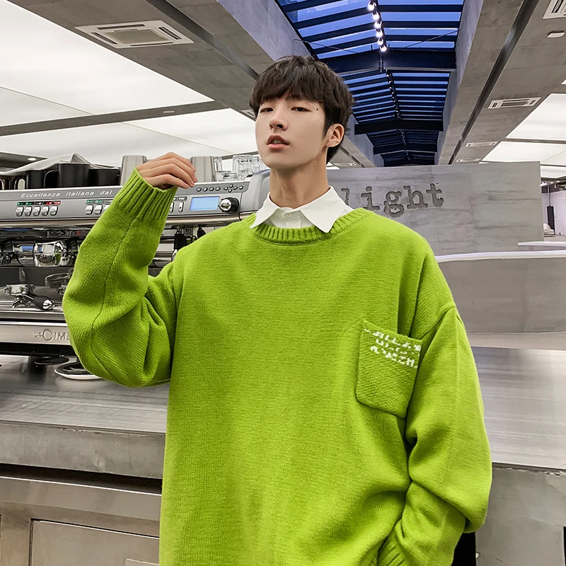 

2019 Spring And Autumn New Hong Style Solid Color Fashion Casual Youth Male Sweater Loose Simple Pullover Black / Green M-2XL