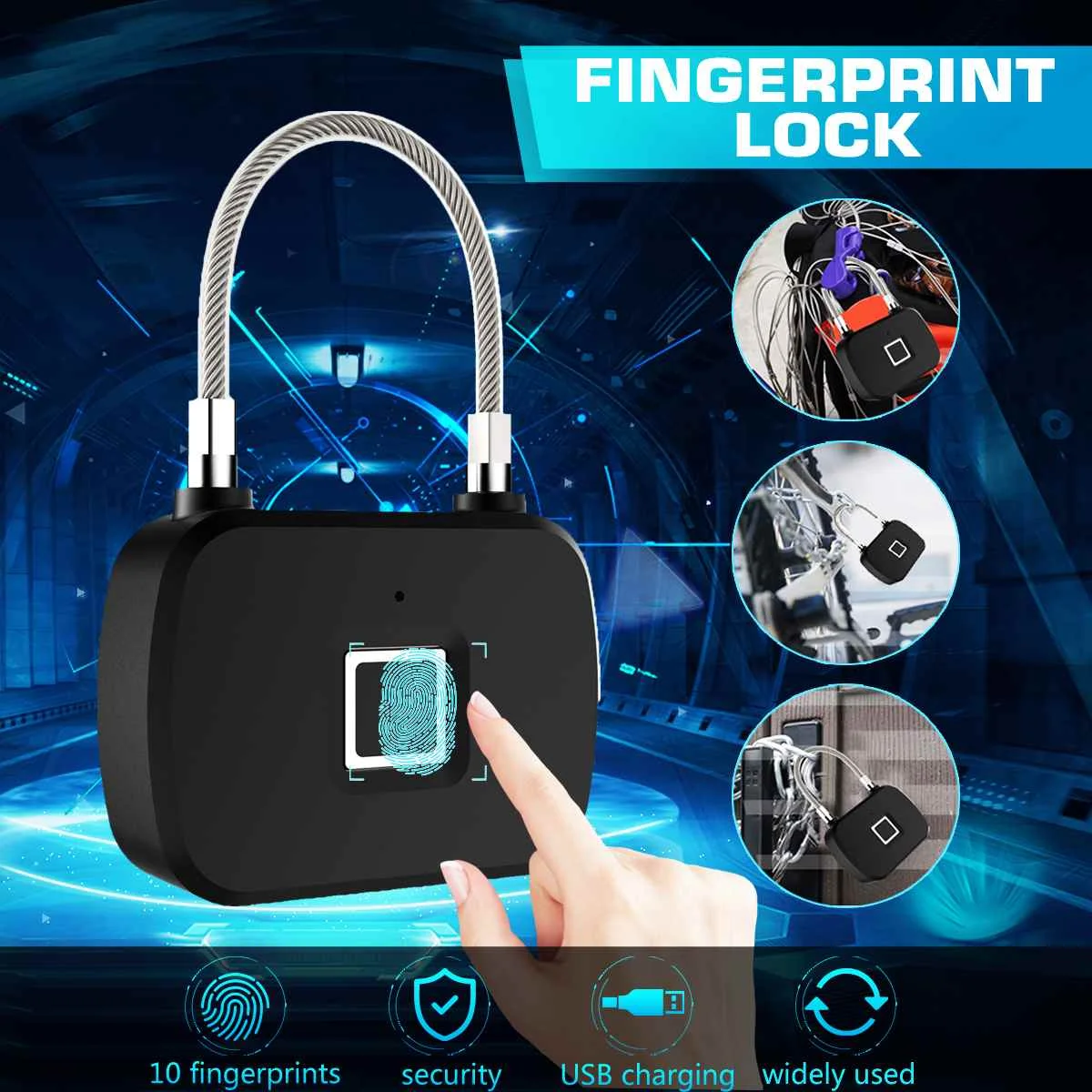 

Golden Security Keyless USB Rechargeable Door Lock Fingerprint Smart Padlock Quick Unlock Zinc Alloy Metal Self Developing Chip