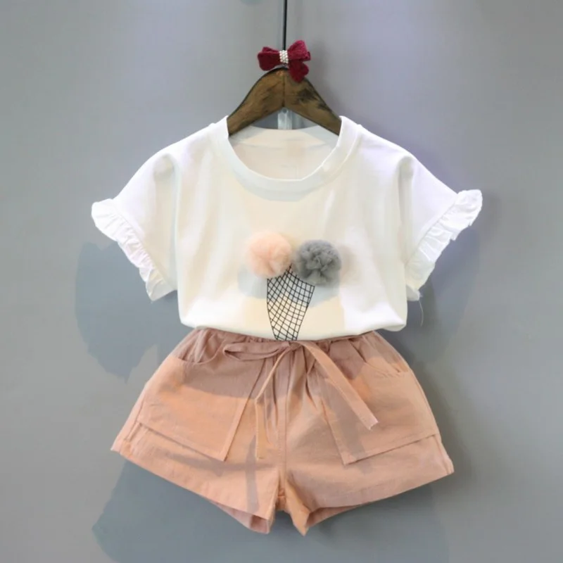 Children Clothes Summer Cute Baby Girls Set Ice Cream T-shirt+Pants Tracksuit Suit For Toddler Outfits 2 7 8 Years | Детская одежда и