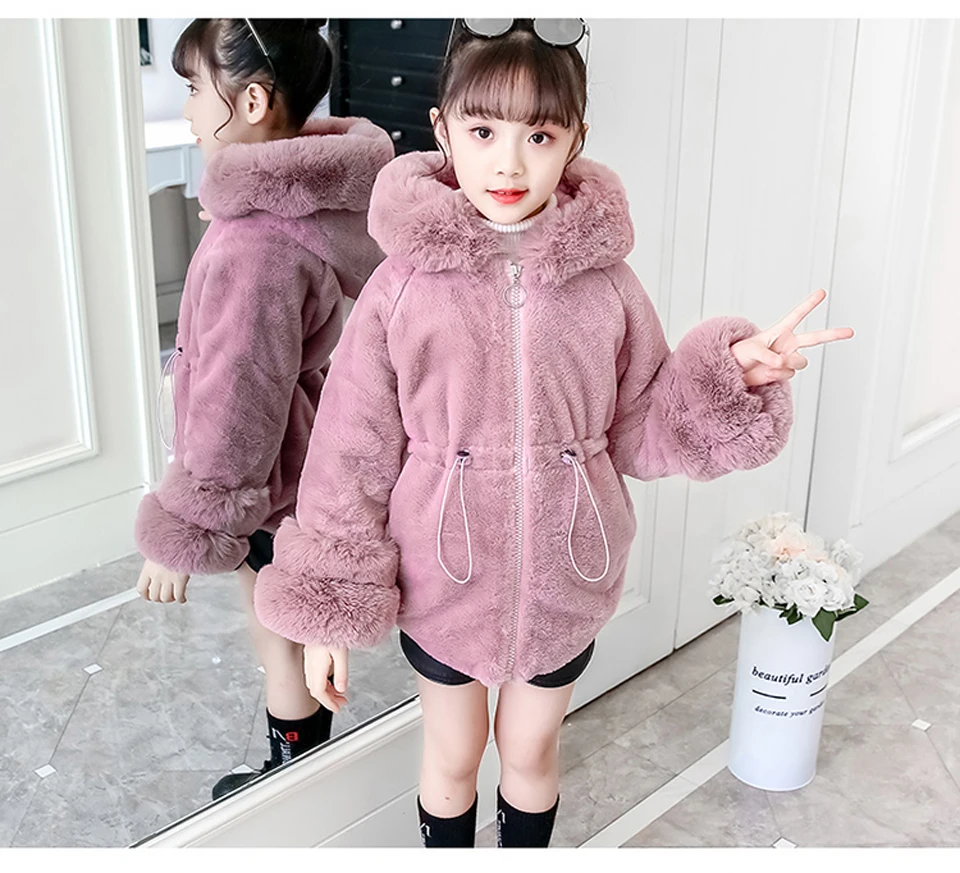 Kids Winter Coat for Girls Jacket Faux Fur Thick Warm Hooded Jacket Teenager Girls Outerwear Children Clothes 4-12 Year