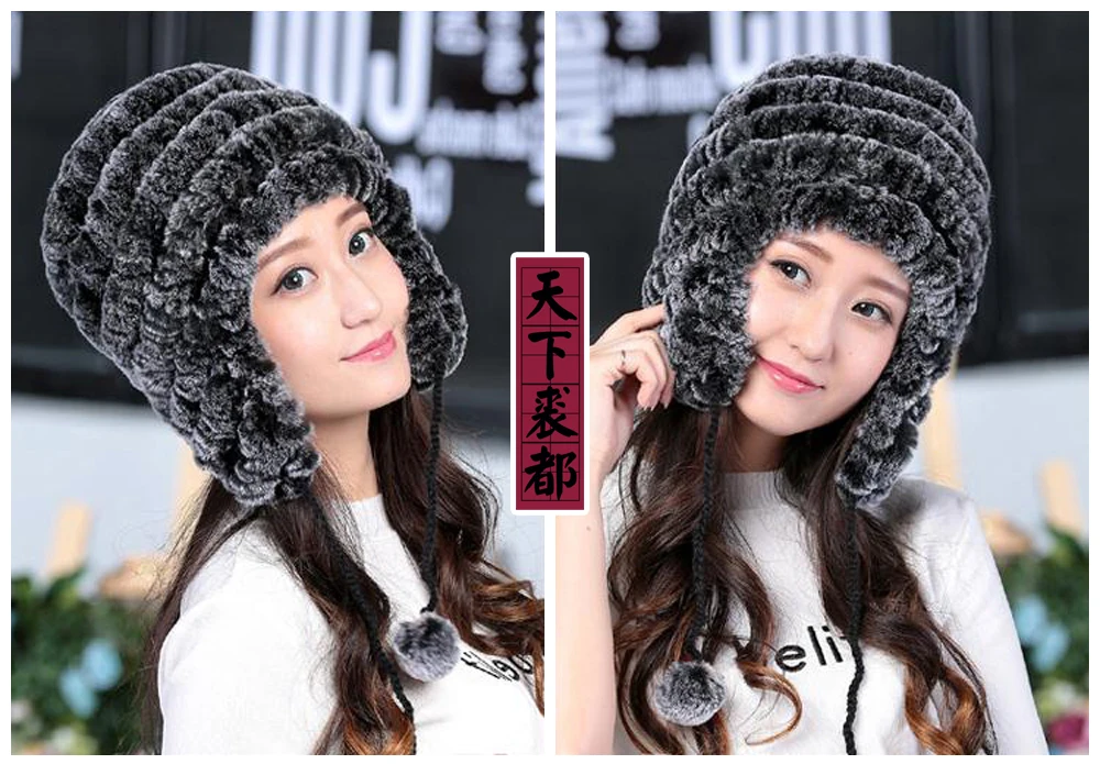 Lady Real Fur Earflap Hats Women Natural Rex Rabbit Fur Beanies Cap Russian Winter Warm Genuine Fur Hat Wholesale