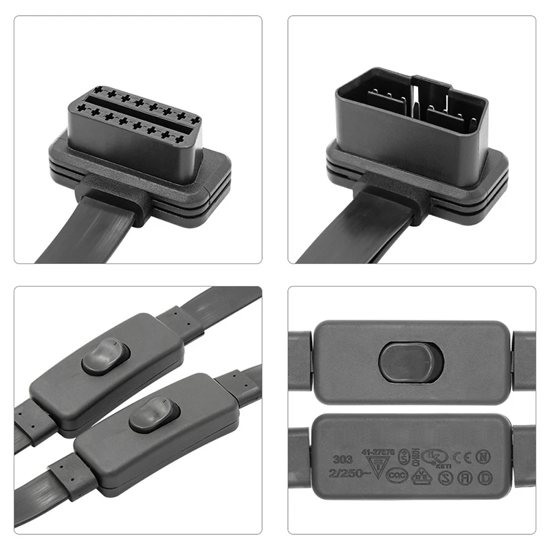 1 IN 2 Converted Flat Male to Dual Female Elbow 16Pin OBD Splitter Extension Cable OBD2 Cable With Switch On Off