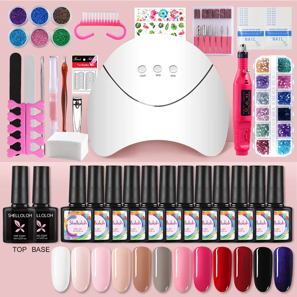

Shelloloh Nail Kit 36W UV LED Lamp UV Gel Varnish Polish Top Base Coat Manicure Tool Choose 12 Colors Nail Polish For Nail Sets