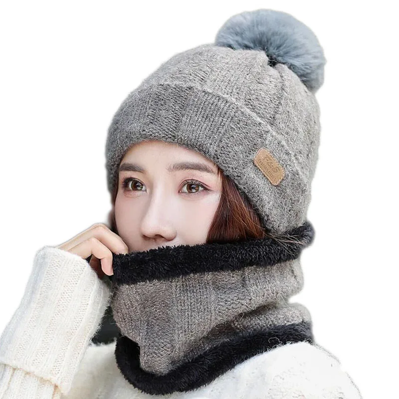 SUOGRY Hot Selling 2pcs Ski Cap And Scarf Cold Warm Leather Winter Hat for Women Knitted Hat Bonnet Warm Cap Skullies Beanies