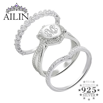 

AILIN Women Monogram Custom Rings Silver 925 1-3 Initial Letter Couple Wedding Ring Sets With Cubic Zirconia Engagement Jewelry