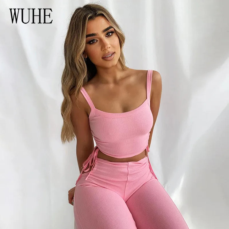 

WUHE Casual Skinny Lace Up Hollow Sportsuit Women Sleeveless Stacked Crop Top and High Waist Slim Pants Two Piece Set Streetwear