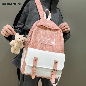 

Student Female Cute Backpack Linen Women Fashion School Bag Harajuku Girl Kawaii Backpack Canvas Lattice Ladies Bag Doll Pendant