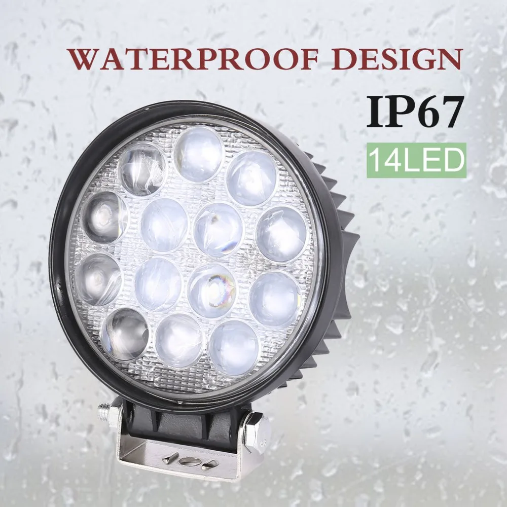 Waterproof 42W LED Working Light 6500K Round Shape Car Auto Headlight with 14pcs*3W LEDs for 12V Vehicles
