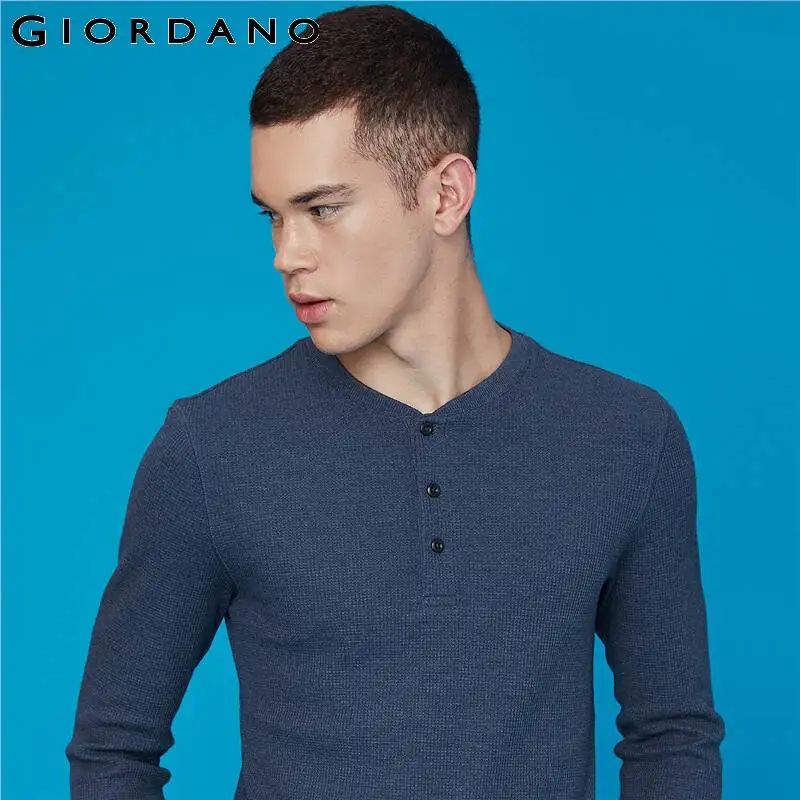 Giordano Мужская футболка с вафельным воротником длинным рукавом облегающие топы