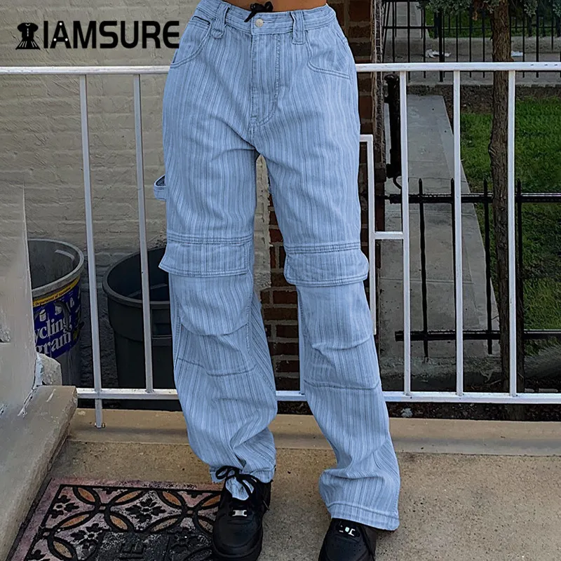 

IAMSURE Streetwear Fashion Striped Baggy Demin Pants For Women Casual Loose Big Pocket High Waist Female Wide Leg Jeans Trousers