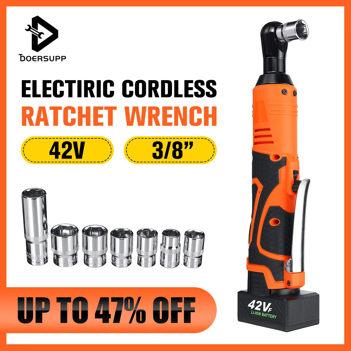 

doersupp Electric Ratchet Wrench Ratchet Angle Wrenches 3/8" 42V 90N.m Rechargeable Cordless LED Light With 7Pcs Socket Adapter