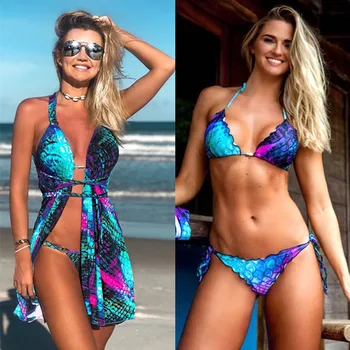 

Summer Gradient Fish Scales Mermaid Print Halter Neck Strap Bikini Three-piece Swimsuit