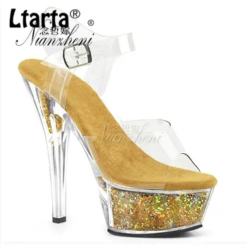 

LTARTA 15cm Heels Fashion Sexy Super High Heel Fine Heel Adult Gift Model Walking Show, Glittering Powder Sandal Girl LYP