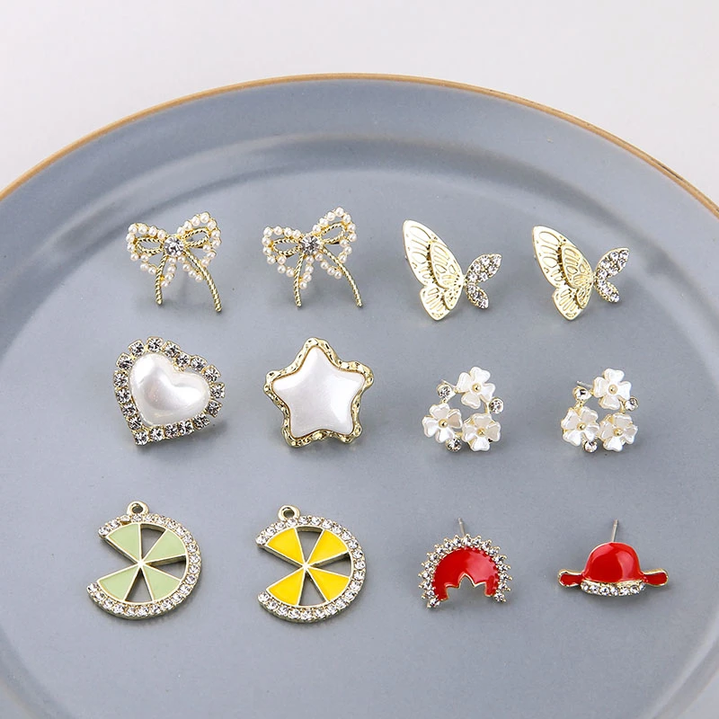 6pcs women's Earrings Fairy Wild Rhinestone Imitation Pearl Love Star Butterfly Stud Animal Sweet Diy Jewelry Material | Украшения и