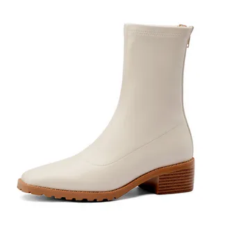 

Genuine Leather Thick med Heels Female Ankle Boots Elegant backe Zipper Shoes Woman Wonter Newest Party Basic Pumps