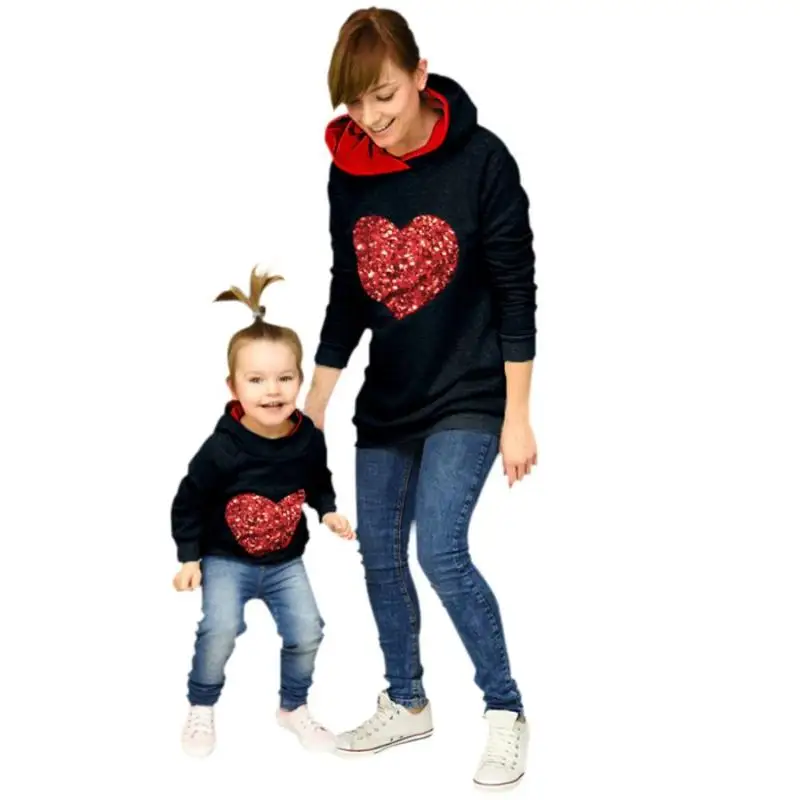 

Parent-Child Long-Sleeves Love Sequins Hoodie Girl Kids&Women Sweatershirt Girls Sweatshirts Heart Sequins Family Outfits