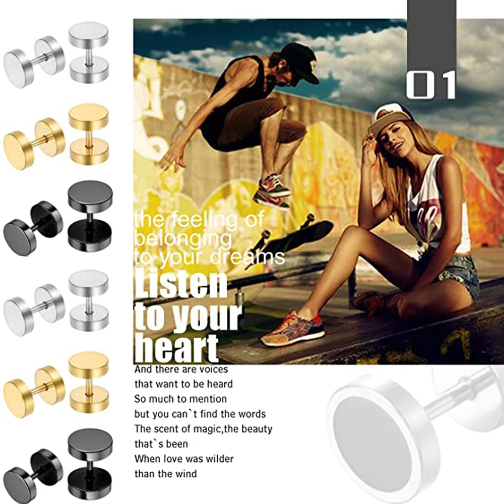 Stud earrings 2 Piece Punk Stainless Steel Screw Dumbbell Gothic Stud Earrings Women Men Street pop Hip Hop Rock Hypoallergenic