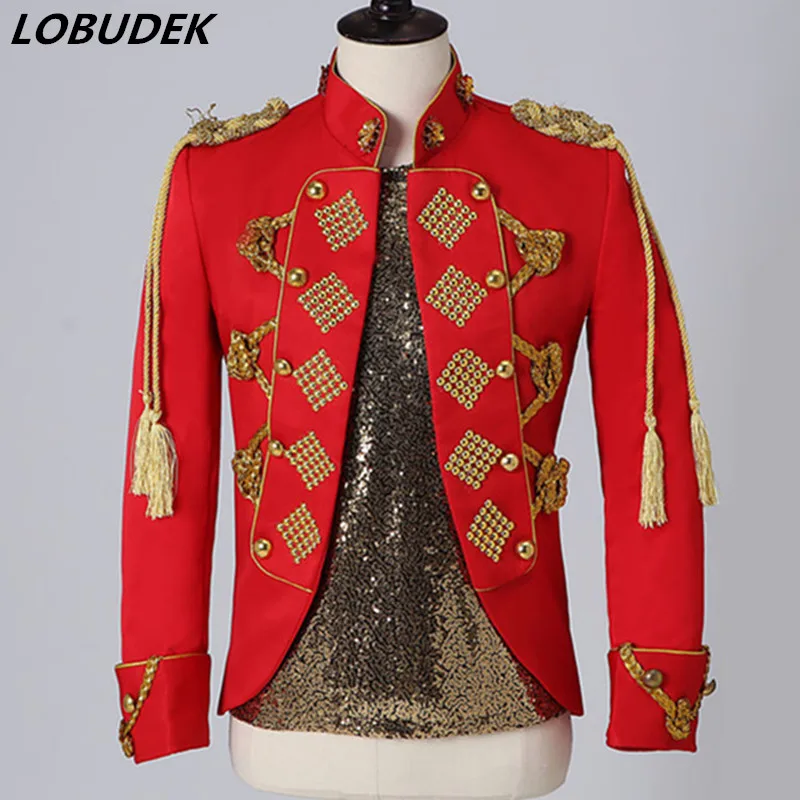 

Men Rock Band Singer Stage Court Uniform Vintage Stage Costume Red Fringe Epaulet Stand Collar Jacket Nightclub Concert Coat