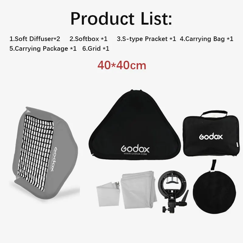 40cmS type Grid GODOX 40x40/50x50/60x60/80x80 см софтбокс с сеткой типа S кронштейн стабильный Bowens держатель для вспышки складной софтбокс комплект - Цвет: 40cmS type Grid