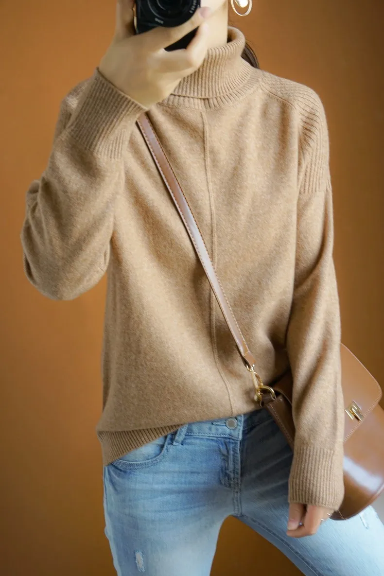 Smpevrg Зимний вязаный свитер с высоким воротом из 100% шерсти, Женский пуловер с длинным рукавом, мягкий женский пуловер, женский свитер