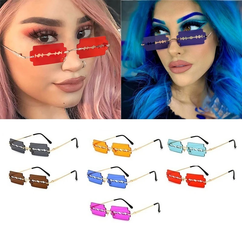 

Wholesale Unqiue Rimless Hollow Out Blade Square Sunglasses For Women Vintage Alloy Candy Color Eyewear Men Hip Hop Sun Glasses