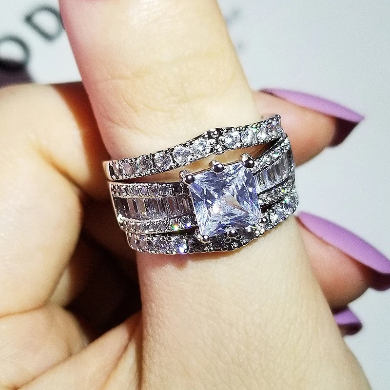 

2020 new arrival luxury princess 925 sterling silver wedding ring set for women lady anniversary gift jewelry bulk sell R5869