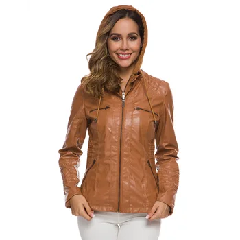

Hot New Stylish Lady Faux Leather Long Sleeve Solid Color Zipper Removable Hooded Jacket Outwear Long Sleeve Solid Color