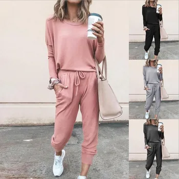 

2020Autumn 2 piece set women Loose sports suit ladies long sleeve top nine points trousers Pullover sweatshirt suit casual pant