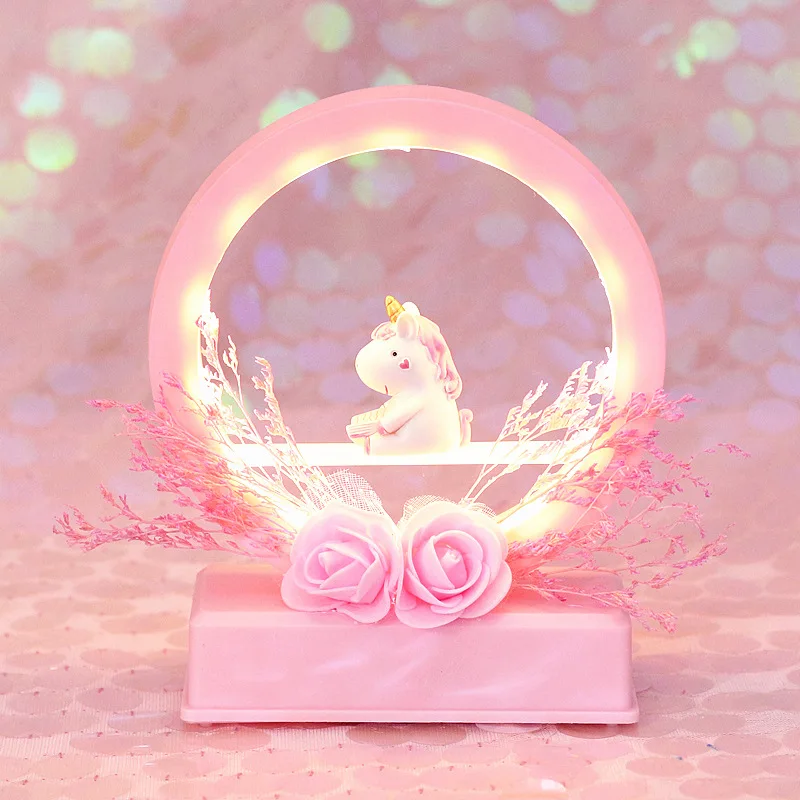СВЕТОДИОДНЫЙ ночник в виде единорога для украшения дома Музыкальная шкатулка с подсветкой музыкальный колокольчик сушеные цветы для детей рождественские подарки для девочки игрушка - Испускаемый цвет: Pink unicorn D