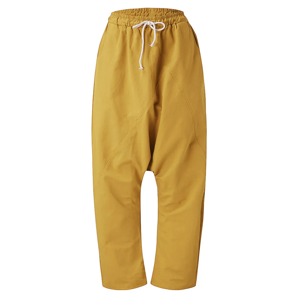 Модные штаны-шаровары женские повседневные свободные брюки в стиле хип-хоп с карманом однотонные винтажные джоггеры широкие брюки женские Капри - Цвет: Yellow
