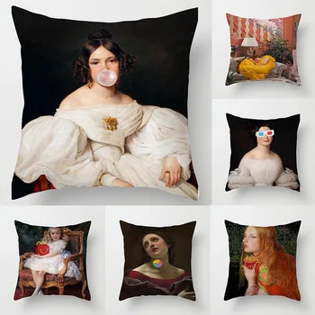 

Funny Vintage Oil Painting Cushion Cover Throw Pillow Cover for Sofa Home Decorative Pillowcase 45x45cm Pillow Cushion Case