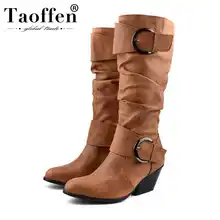 Taoffen/Сапоги до колена размера плюс 34-48 женская зимняя брендовая модная обувь с металлической пряжкой в западном стиле обувь в стиле девушка-ковбой Женская обувь на высоком каблуке