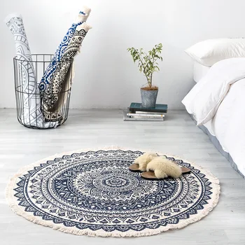 

92cm National Style Retro Cotton Linen Handmade Carpet Rug Tapestry Foot Pad Non-slip Door Mat Home Hallway Living Bedroom Decor