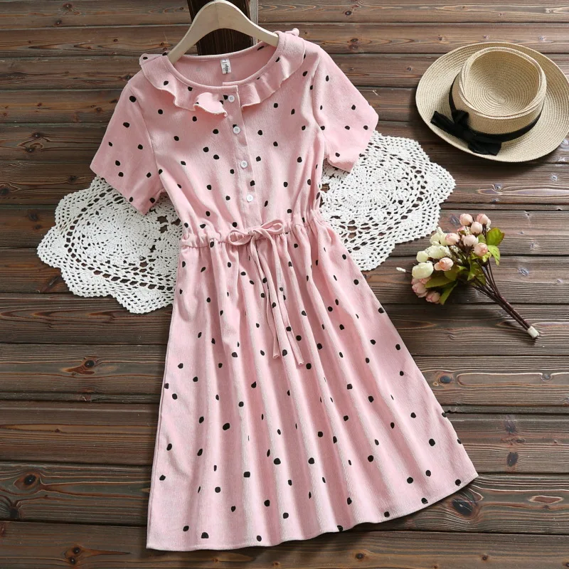 

2019 Summer New Style WOMEN'S Dress Literature And Art-Style Polka Dot Corduroy Ruffled Collar Lace-up Waist Hugging Mid-length