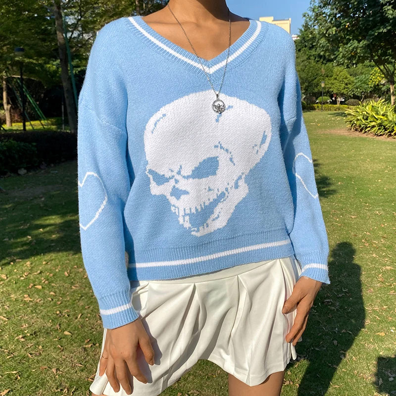 Skulls Knitted Woman Sweaters Female Pullovers V Neck Knitwear 2020 Streetwear Autumn Long Sleeve E-Girl Tops Winter Jumper | Женская